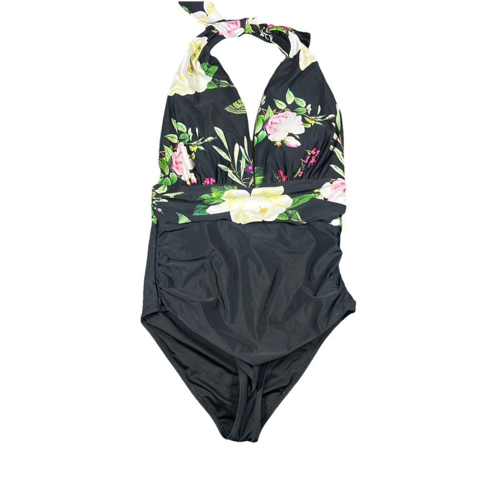 Cupshe One Piece Bathing Suit Swim Black Floral Women's Size Medium Ruched Waist